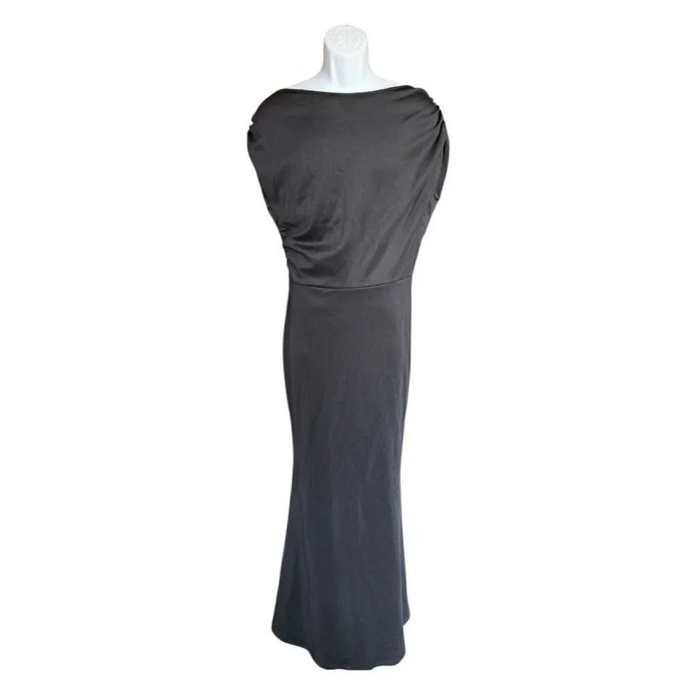 Brand New Womens Boutique Black Stunning V Back Cinched Sleeve Evening Dress - L